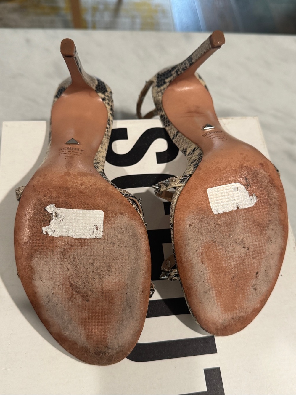 SCHUTZ Beige and Black Spiked Snake-Print Strappy Heeled Sandals - Picture 4 of 4